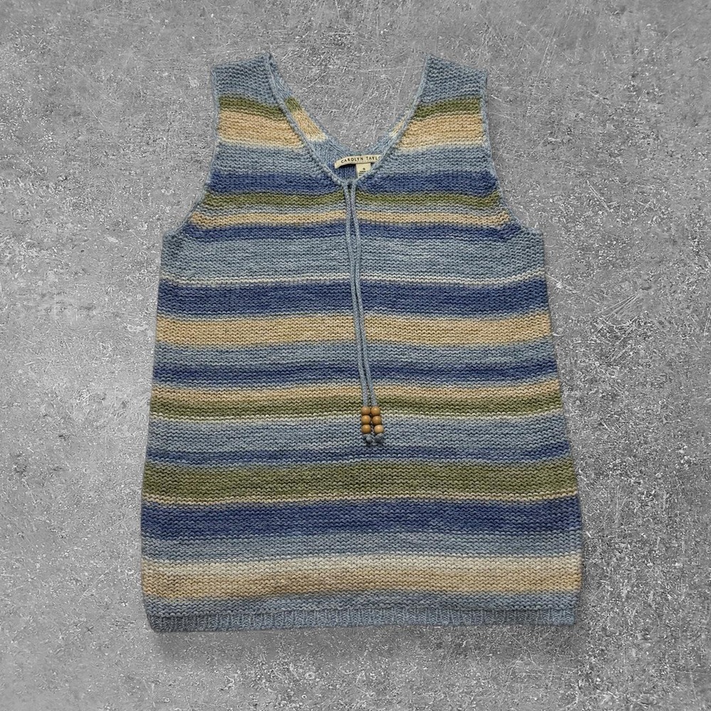 Carolyn Taylor Women Blue Striped Knit Tank Top Beaded Tie Detail Size S